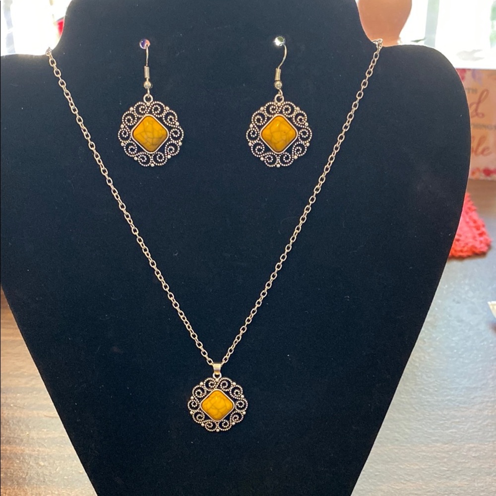 Silver and Gold Sunburst Necklace & Earrings with Yellow Gemstones